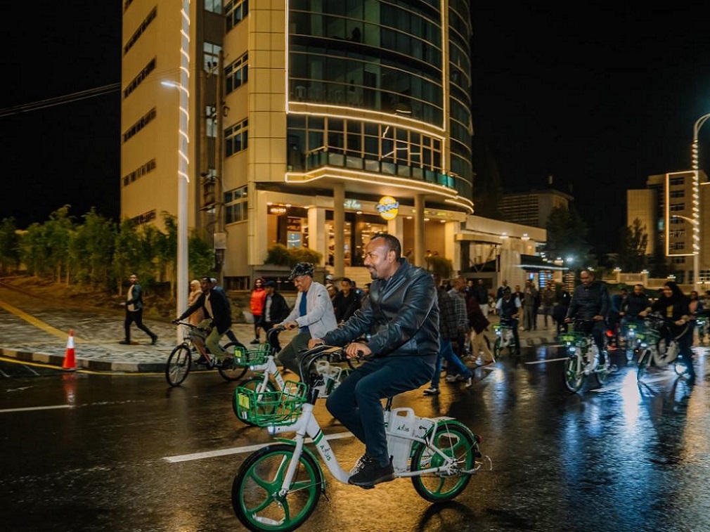 Prime Minister Abiy Ahmed riding bike at corridor development projects in Addis Piassa and Arat Kilo